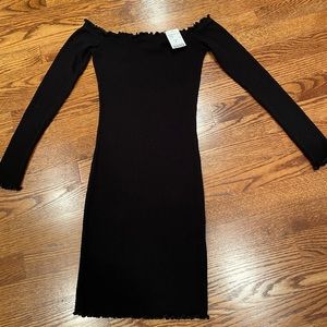 Black off shoulder frilly fitted dress